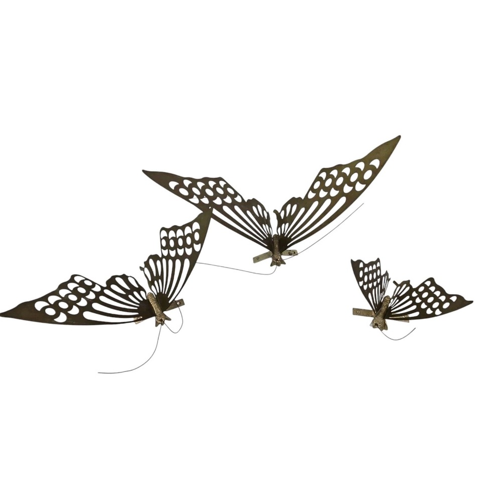 3 MCM Vintage Solid Brass Butterflies Table Wall Art Decor 3 Sizes w Mild Patina